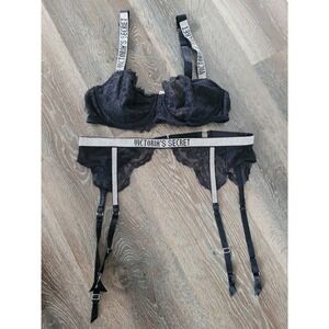 Victoria's Secret‎ Black Lace Rhinestone Shine Strap Bra Garter Set 36C M/L #12